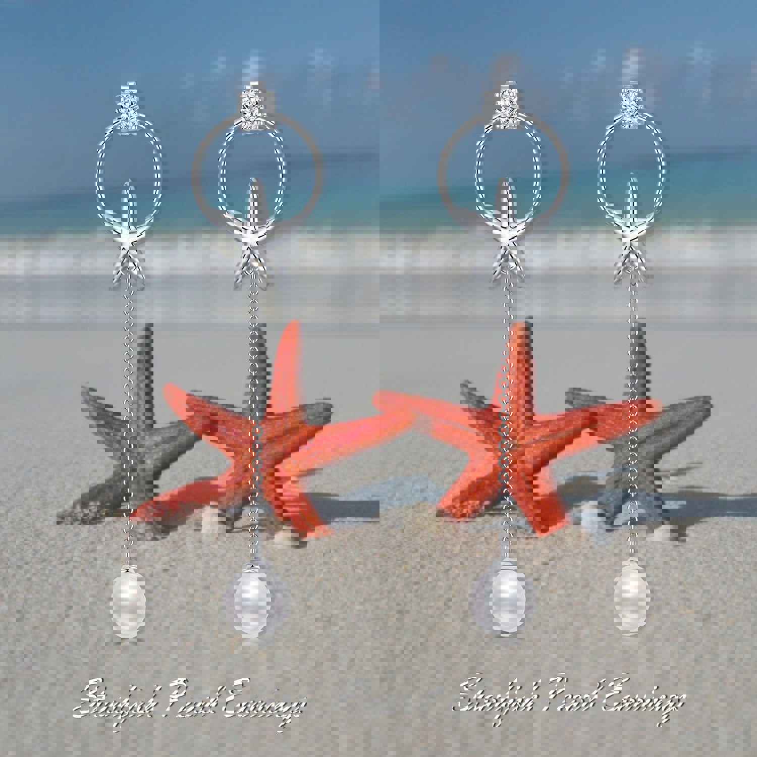 Starfish Earrings 925 Sterling Silver Pearl Drop Dangle Minimalist Jewelry