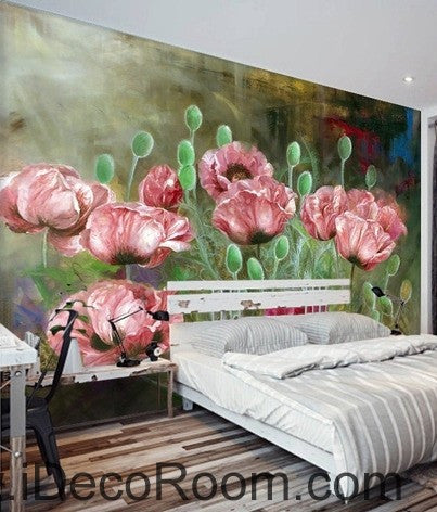 Pink Poppy Flower Illustration Wallpaper Wall Decals for Home Decor
