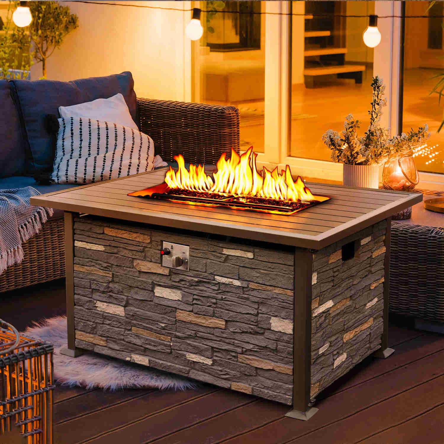 48 Propane Gas Fire Pit Table 50000 BTU Auto-Ignition with Aluminum Tabletop, Waterproof Cover, Glass Beads, Gray