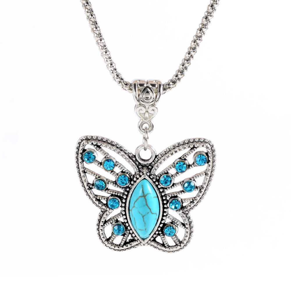 Special Butterfly Natural Turquoise Stone Necklace with Silver Pendant for Women