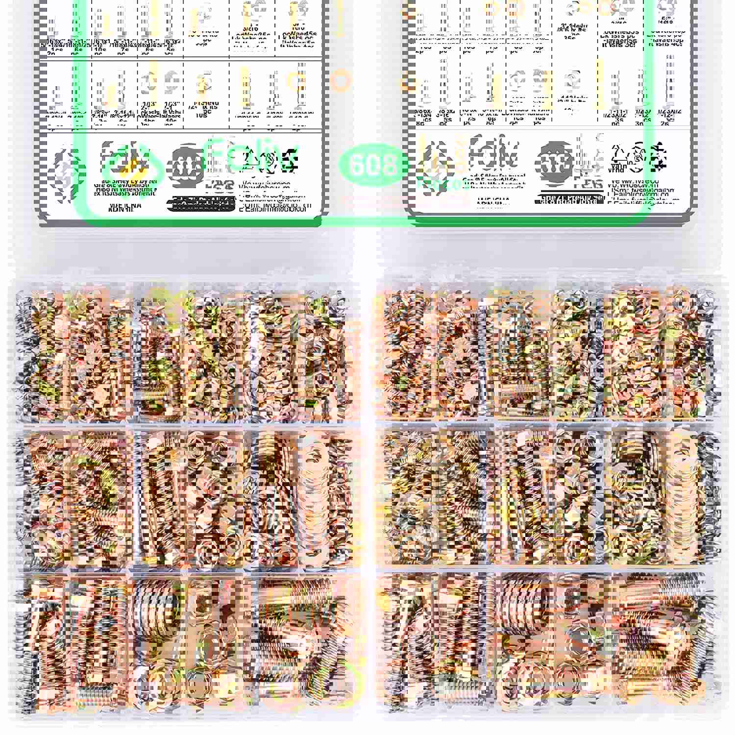 FOLIV 608pcs Grade 8 Bolts and Nuts Assortment Kit - Heavy Duty Hex SAE Bolts, Nuts, Washers