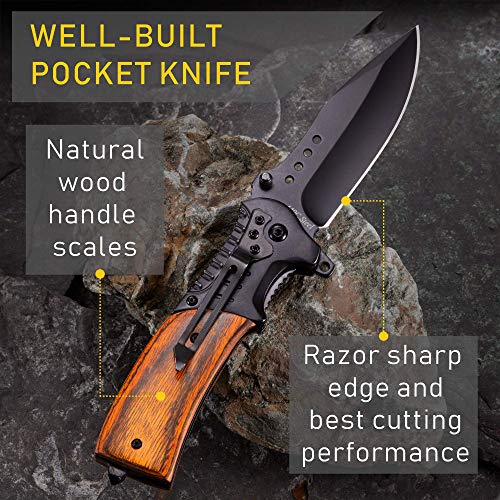 GRAND WAY Spring Assisted Folding Pocket Knife - Tactical EDC Knife with Wood Handle