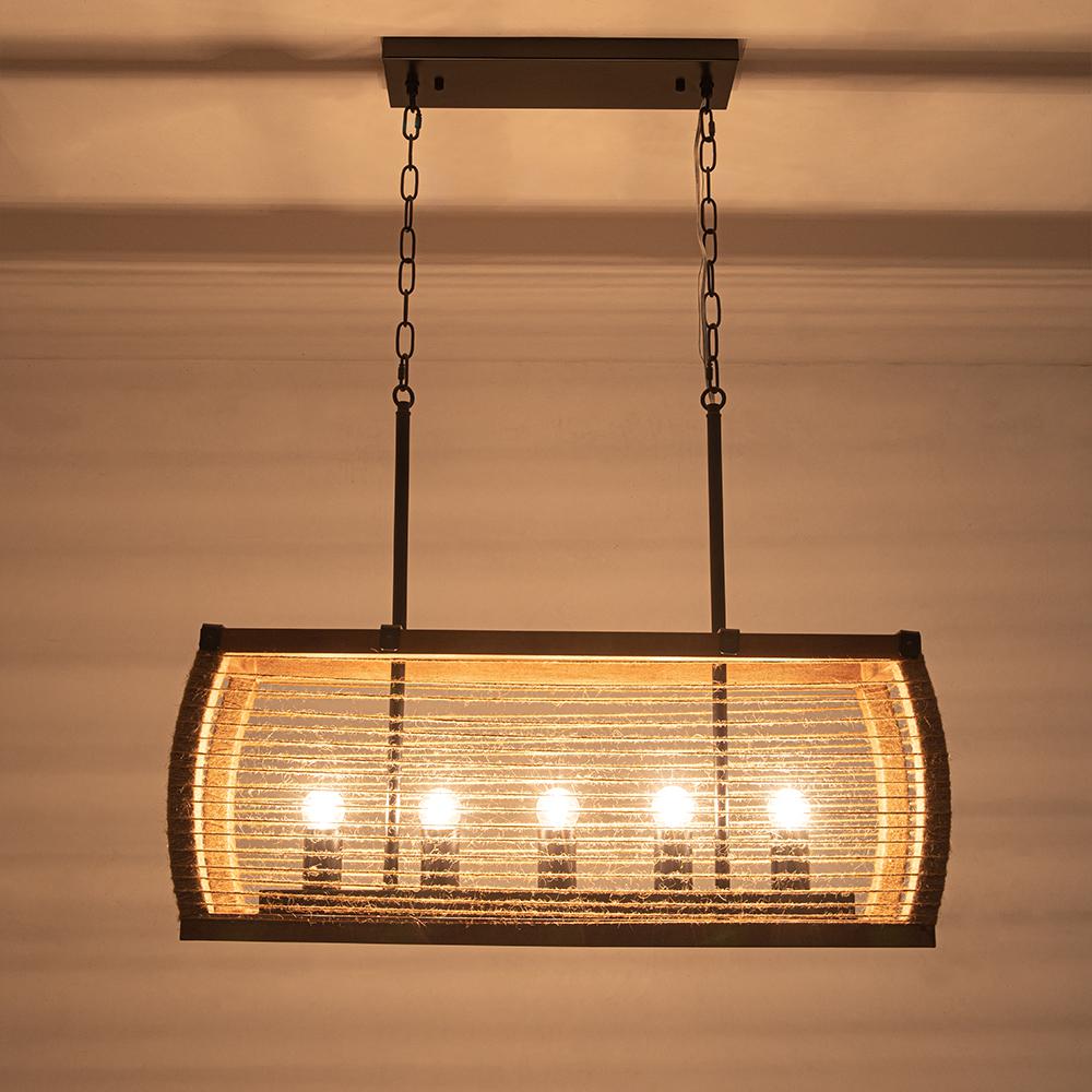 Rustic 5-Light Kitchen Island Linear Rectangle Pendant Light with Wood Washed & Jute Rope