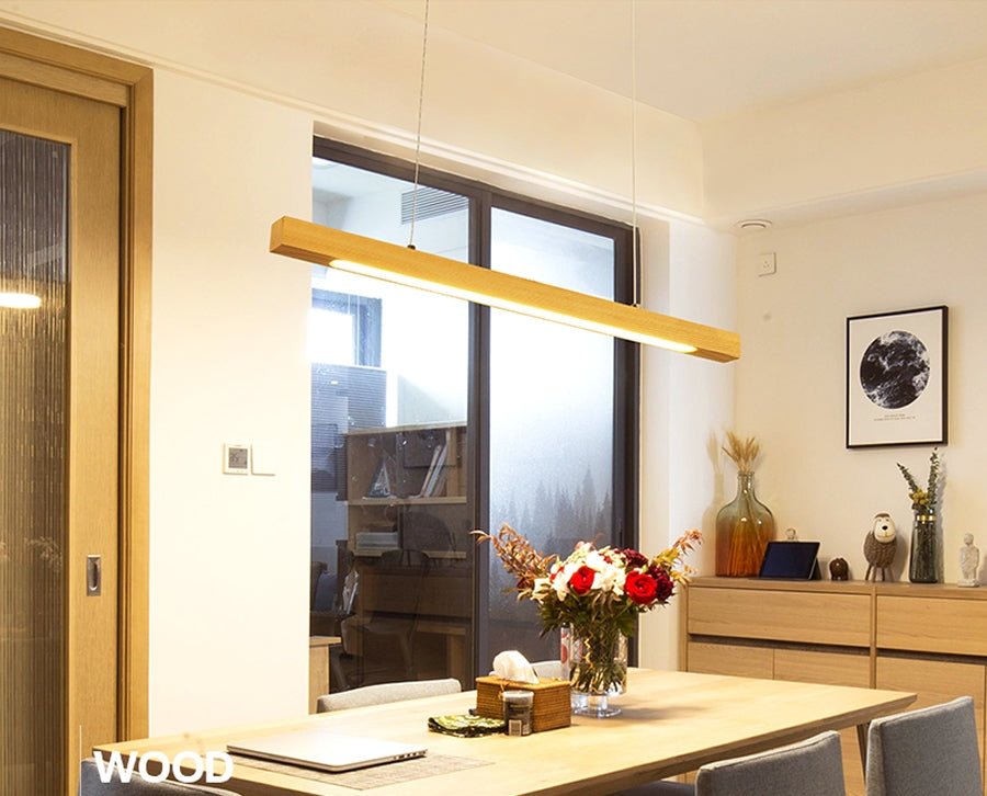MIRODEMI® Natural Wood Linear Bar Chandelier - Modern LED Lighting for Dining Room & Kitchen