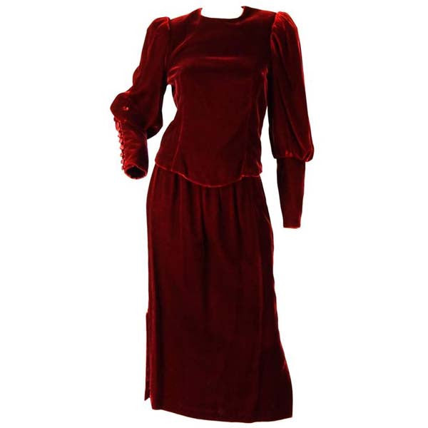 1990s Red Wine Velvet Skirt Set With Dramatic Sleeves