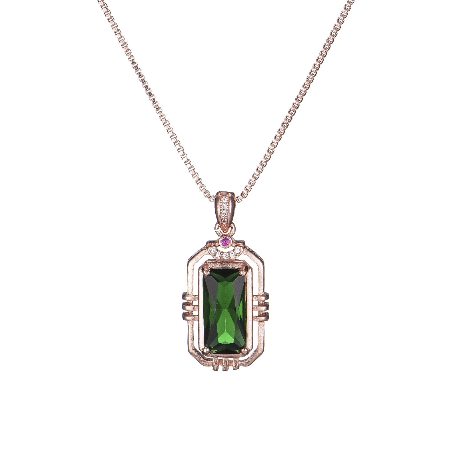 Rectangular Simulation Emerald 18K Rose Gold Pendant Necklace for Women