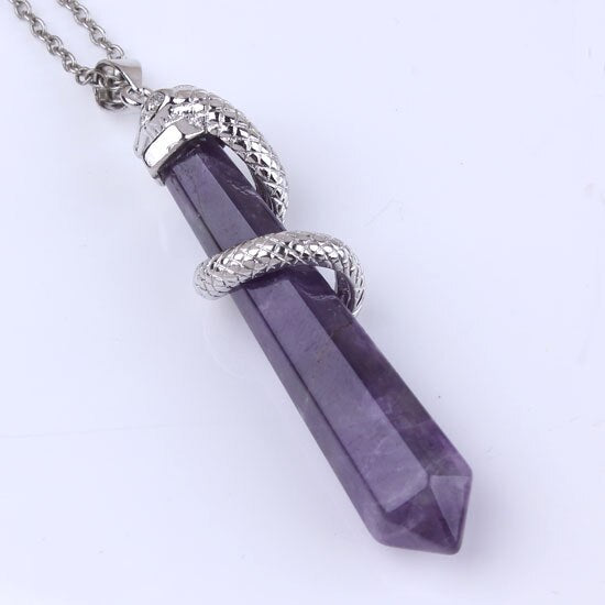 Natural Gnergy Gemstone Silver Plated Amethyst Rose Pink Quartz Opalite Hexagon Prism Snake Pendant Charm Jewelry