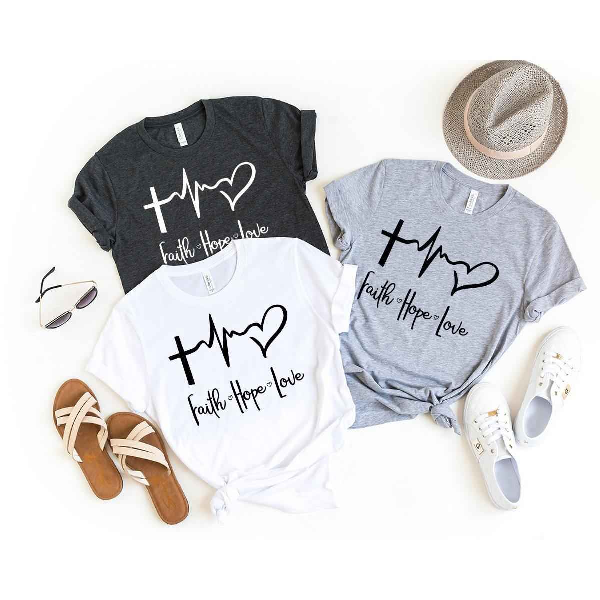 Faith Hope Love T-Shirt - Christian Heartbeat Tee with Cross Design