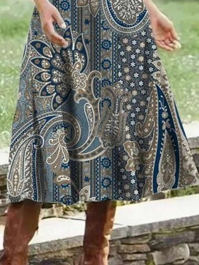 Women's Floral Print Maxi Dress - Boat Neck, 3/4 Sleeve with Button Detail