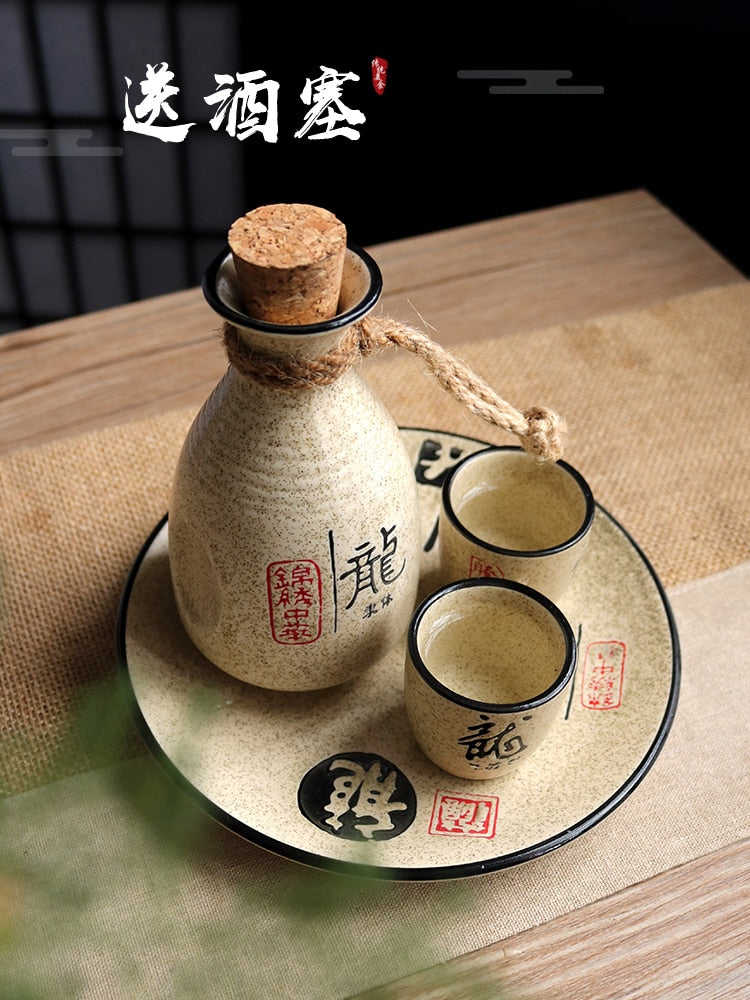 Vintage Ceramic Sake Set - Japanese Style Wine Pot & Cup Separator