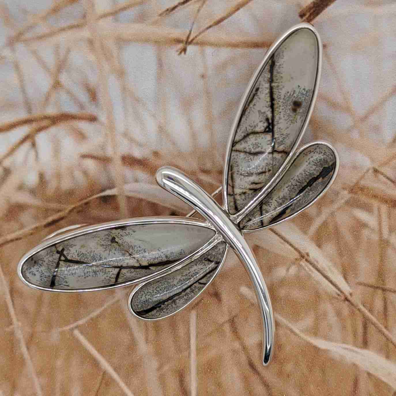 Sterling Silver Paintbrush Agate Dragonfly Pendant/Pin