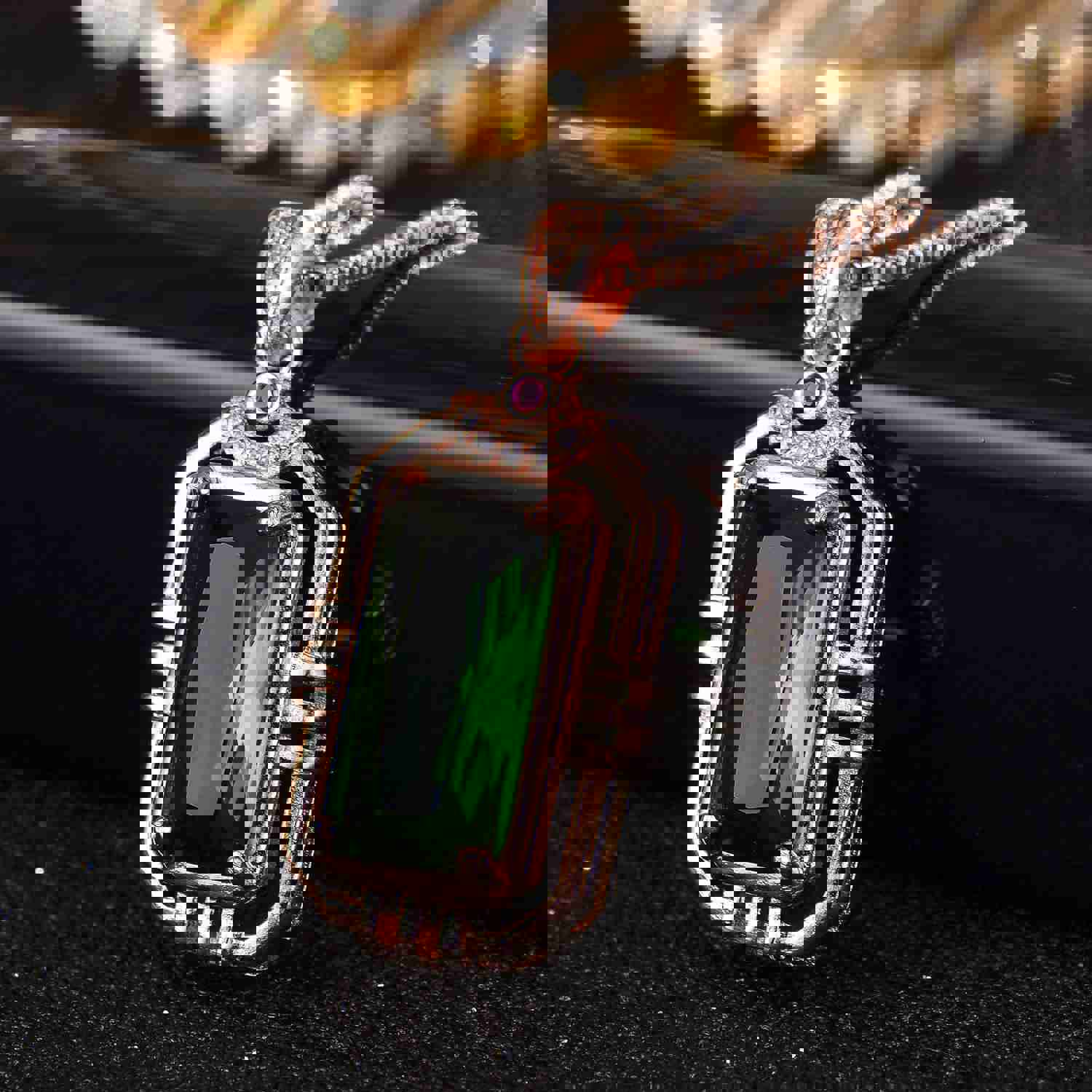 Rectangular Simulation Emerald 18K Rose Gold Pendant Necklace for Women