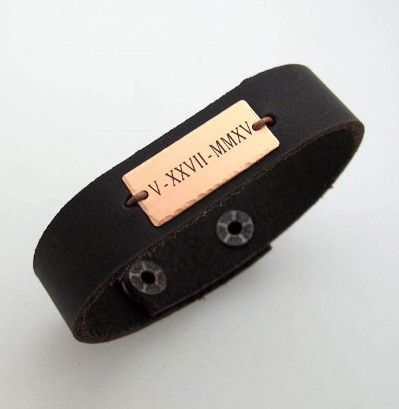 Personalized Roman Numeral Leather Bracelet for Men - Engraved Boyfriend Gift