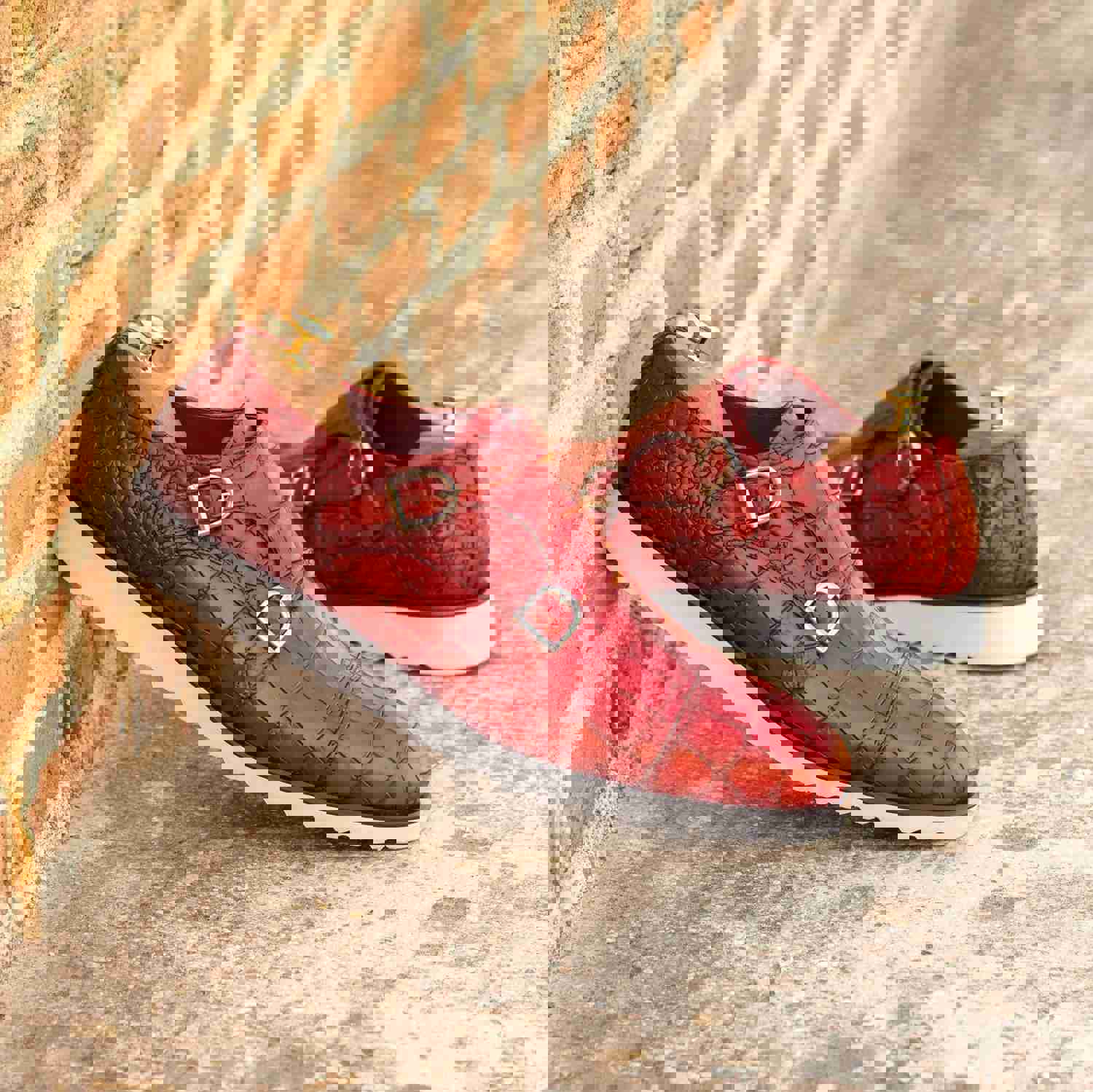 DapperFam Monaco in Red Mens Italian Croco Embossed Leather Double Monk