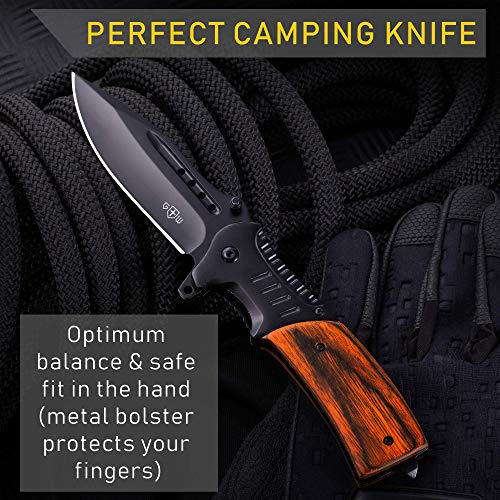 GRAND WAY Spring Assisted Folding Pocket Knife - Tactical EDC Knife with Wood Handle