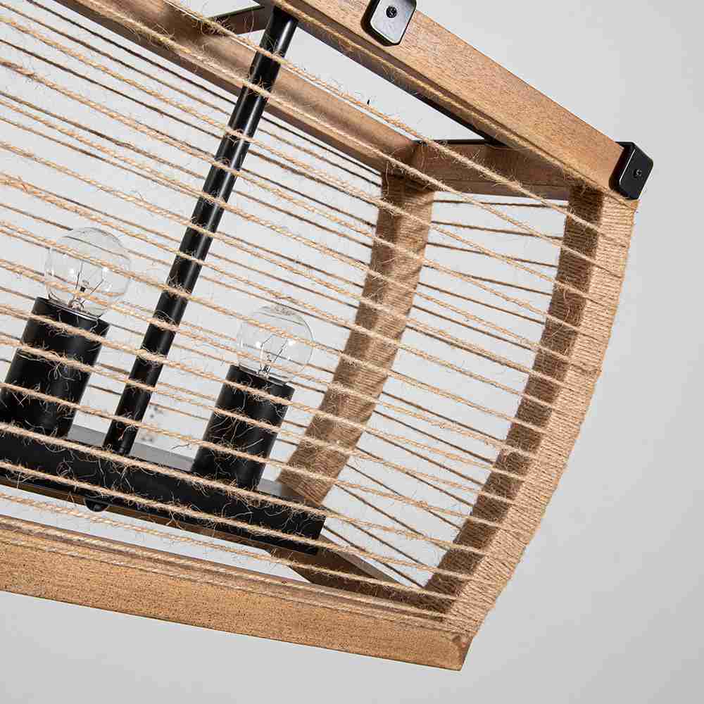 Rustic 5-Light Kitchen Island Linear Rectangle Pendant Light with Wood Washed & Jute Rope