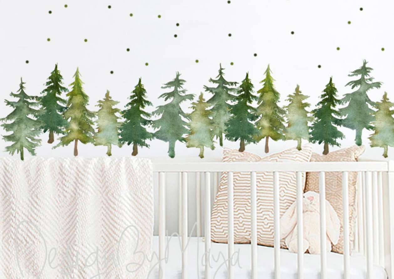 Woodland Pine Trees and Polka Dots - Fabric Nursery Wall Art Decals