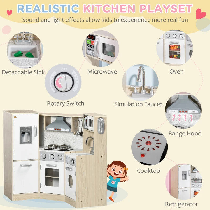 Qaba Wooden Play Kitchen with Lights and Sounds - Kids Pretend Kitchen Playset