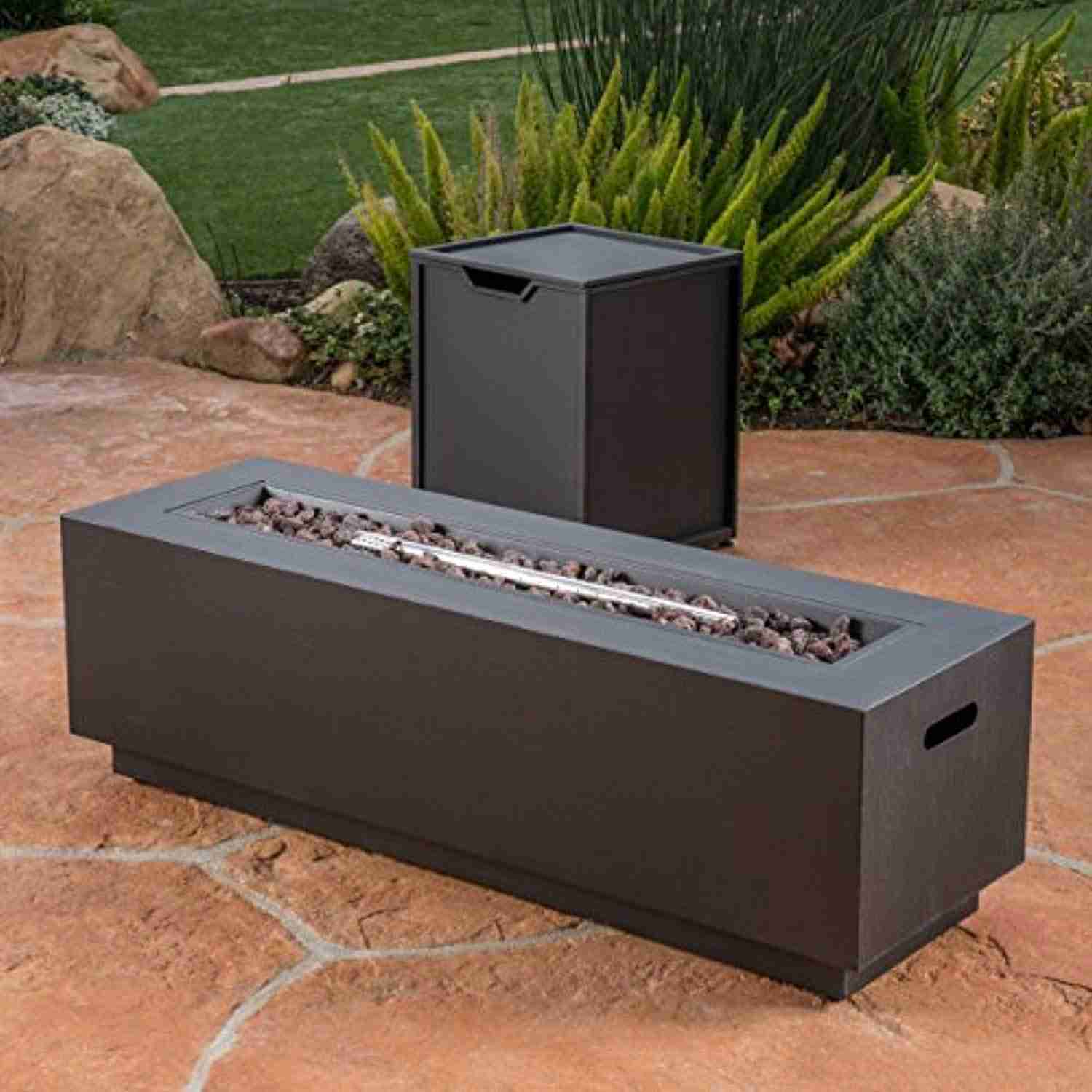 Jasmine Outdoor Dark Grey Finish Iron Rectangular Fire Pit - 50,000 BTU