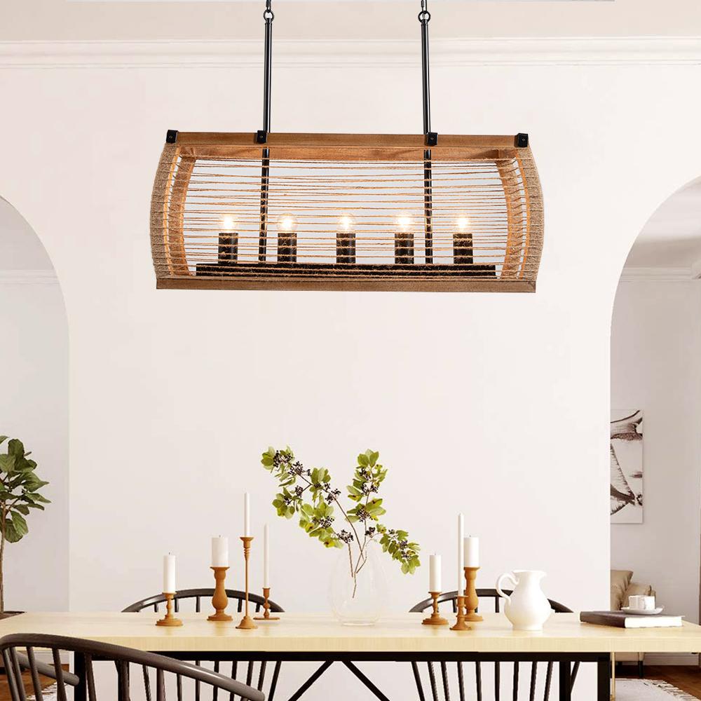 Rustic 5-Light Kitchen Island Linear Rectangle Pendant Light with Wood Washed & Jute Rope