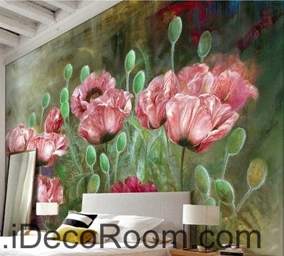 Pink Poppy Flower Illustration Wallpaper Wall Decals for Home Decor