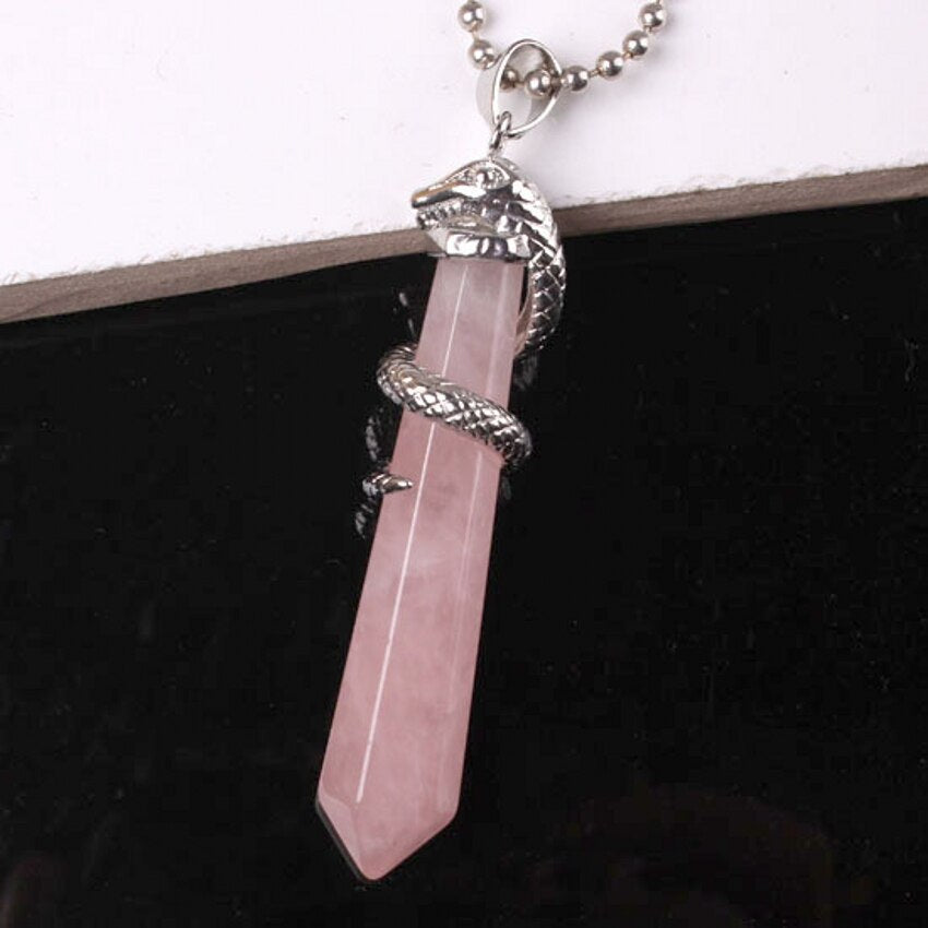 Natural Gnergy Gemstone Silver Plated Amethyst Rose Pink Quartz Opalite Hexagon Prism Snake Pendant Charm Jewelry