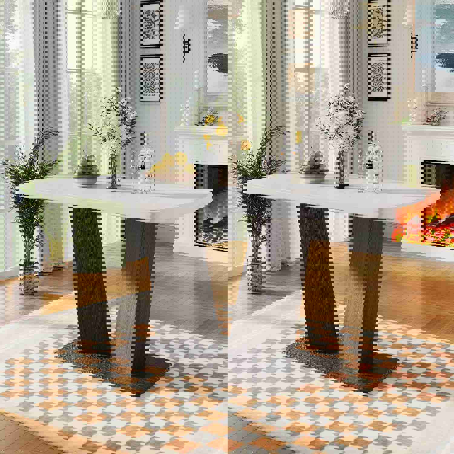 Modern Rectangular 63" Marble Dining Table with V-Shape Base