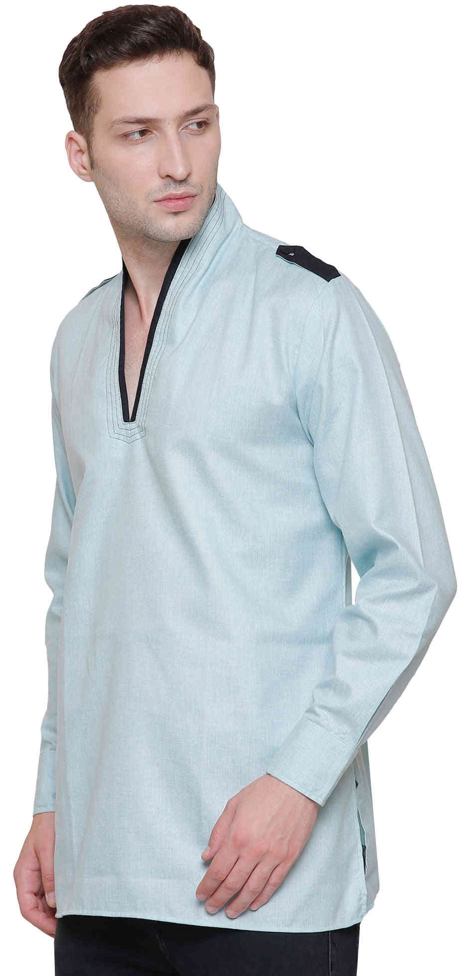 Men's Short Kurta Cotton Shirt - Turquoise (India Clothing)