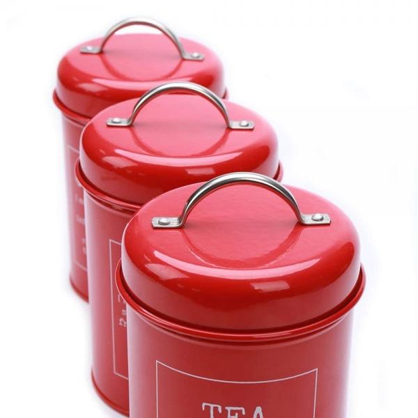 Set of 3 Metal Food Storage Tin Canisters for Coffee, Tea, and Sugar with Lid - Red