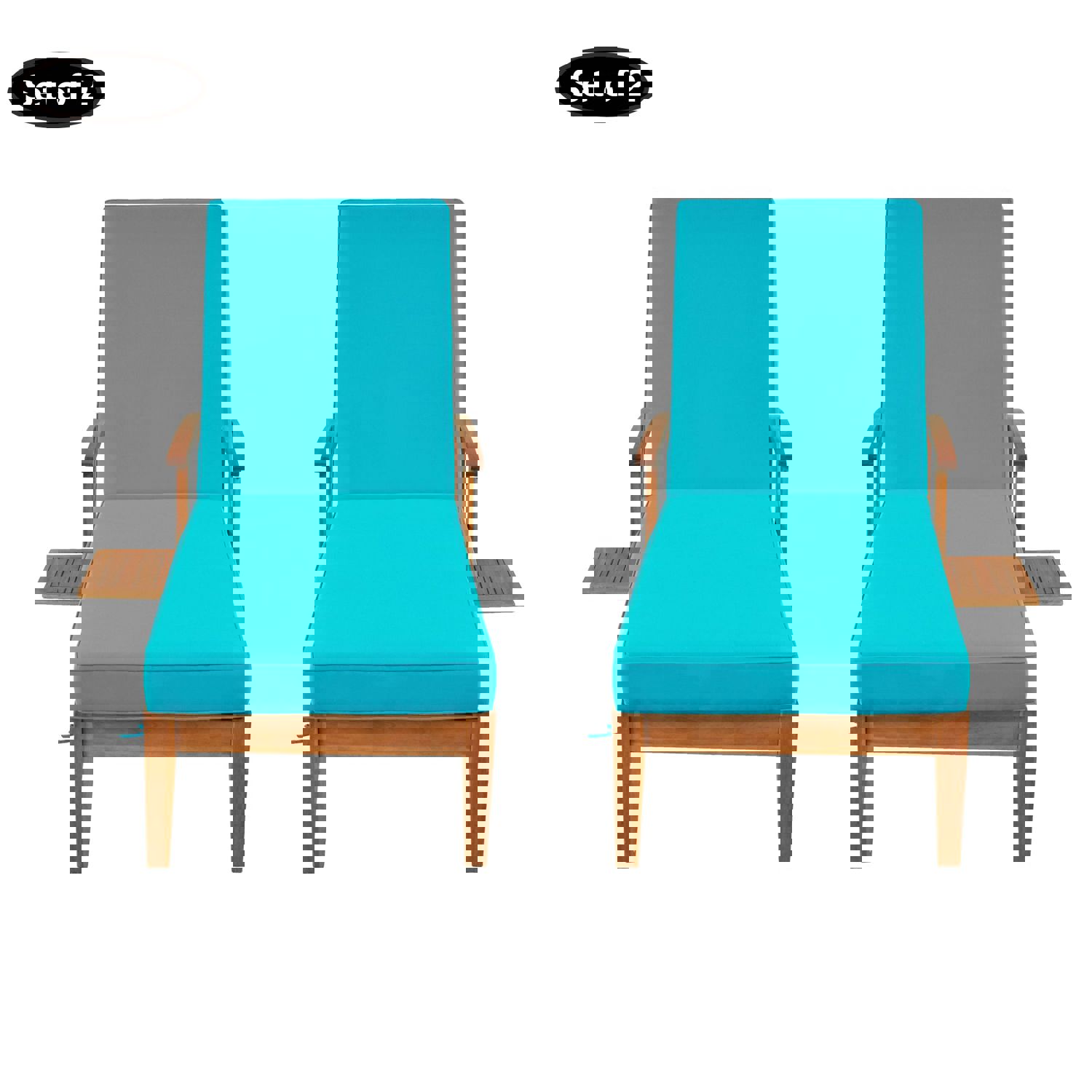 TOPMAX Outdoor Solid Wood 78.8 Chaise Lounge Patio Reclining Daybed with Cushion, Wheels and Sliding Cup Table - Set of 2