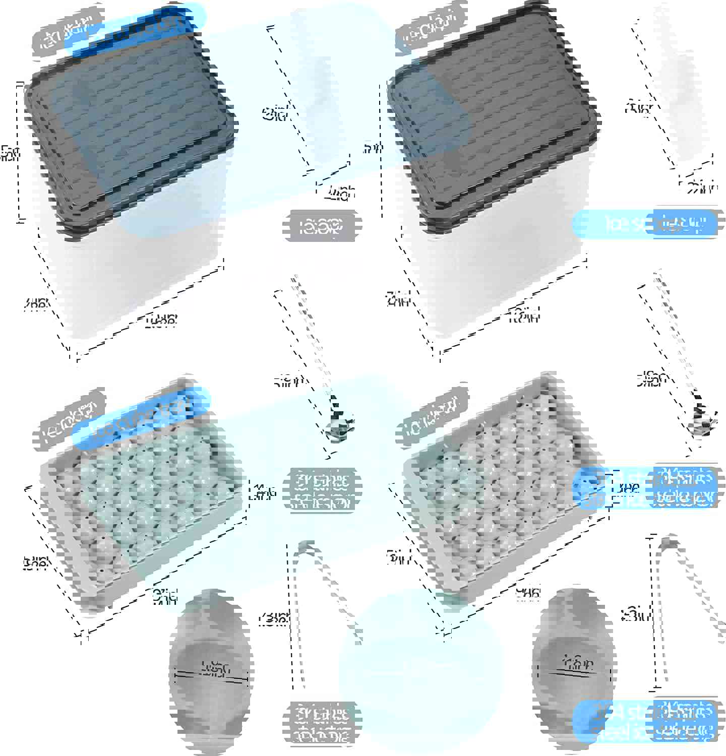 XUDHAH Round Ice Cube Trays with Lid and Bin - 3 Pack Easy-Release Ice Ball Maker Mold with Scoop, Spoon, and Tong
