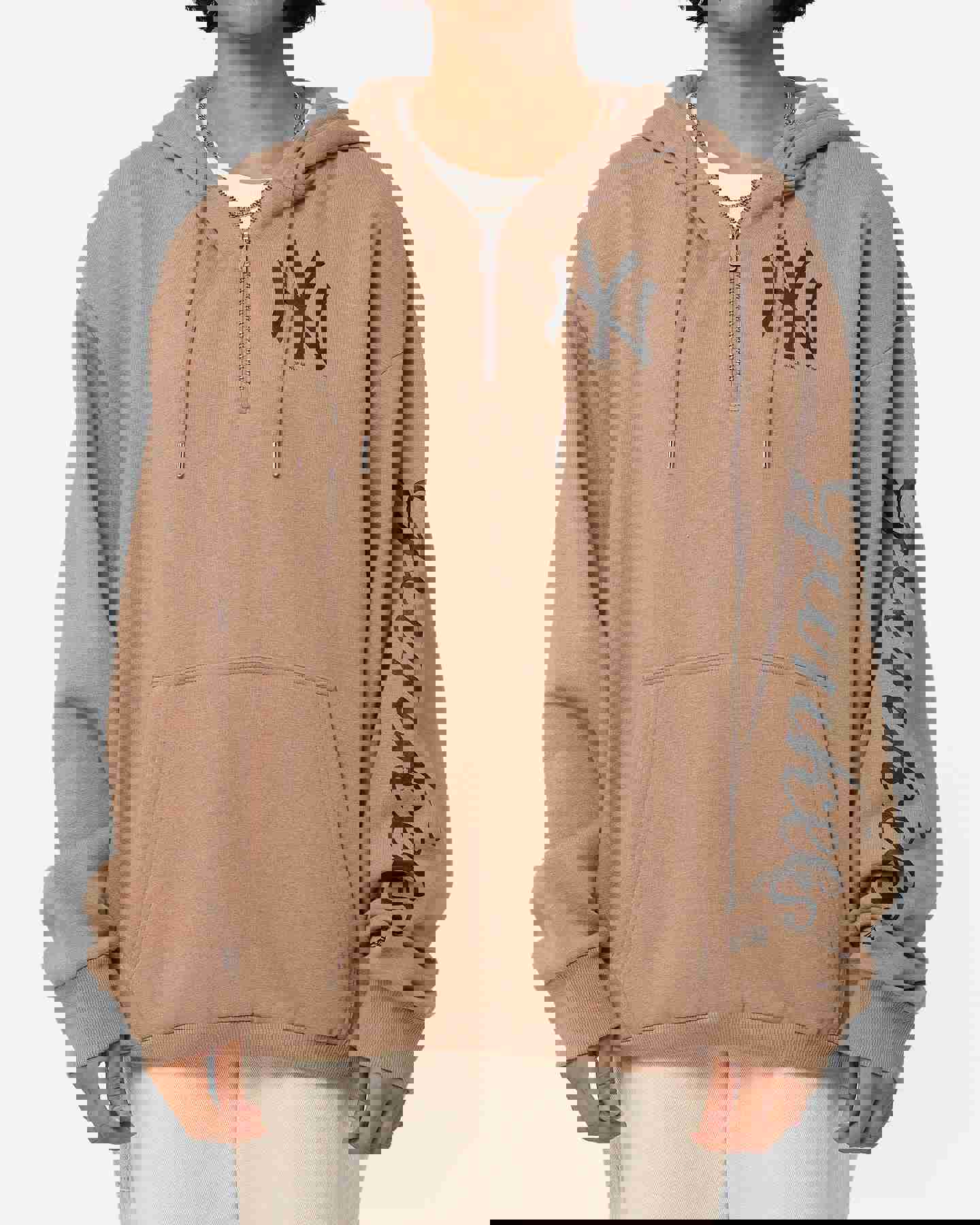 New Era New York Yankees Quarter Zip Sleeve Script Hoodie Khaki/Black