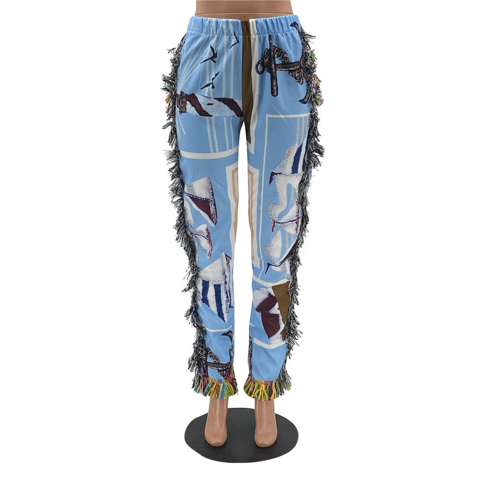 Tassel Patchwork Striped Print Jogger Pant for Women - High Waist Casual Summer Sweat Pants