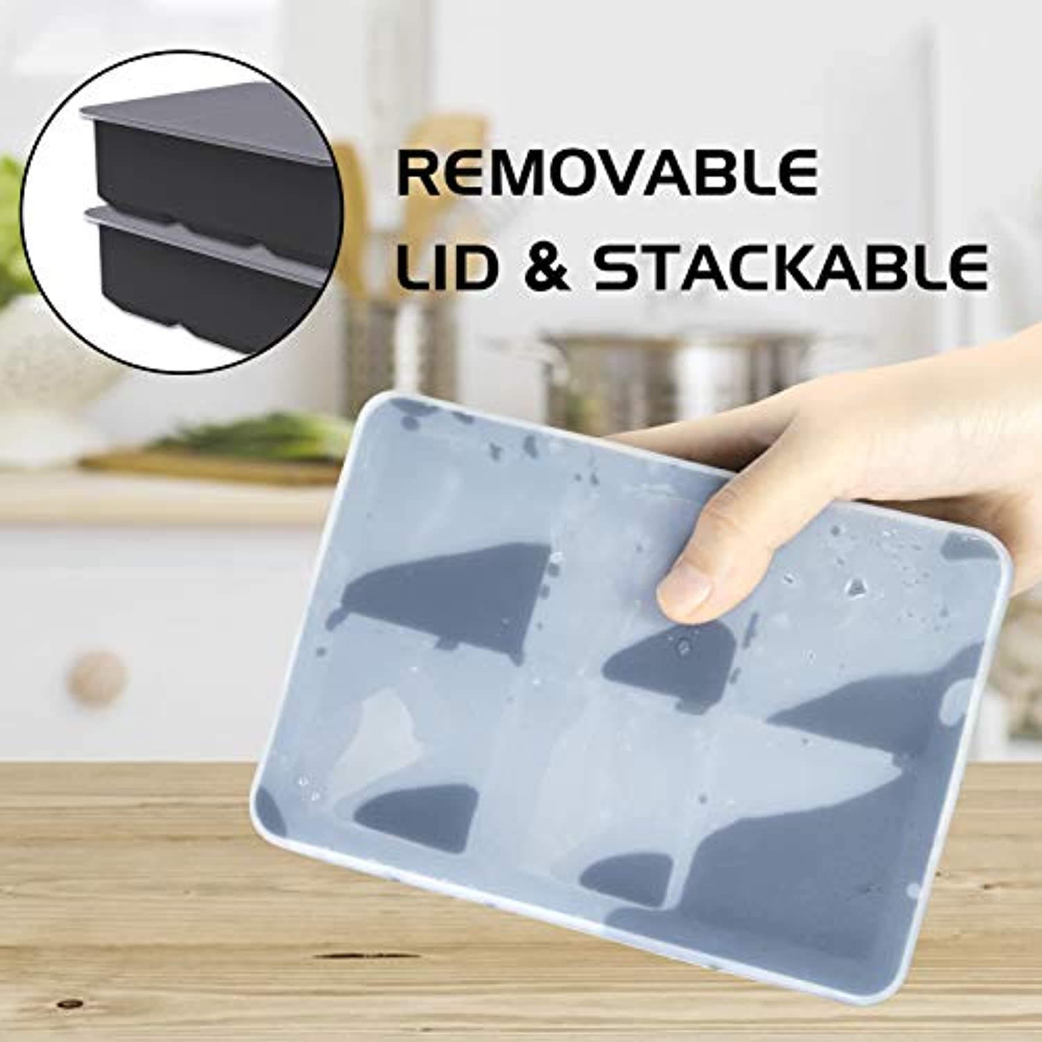 Ouddy 2 Pack Silicone Ice Cube Tray with Lid - 6 Large Cavities for 12 Ice Cubes, Reusable & Flexible Ice Mold Maker