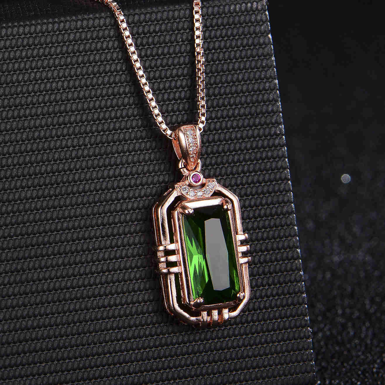 Rectangular Simulation Emerald 18K Rose Gold Pendant Necklace for Women