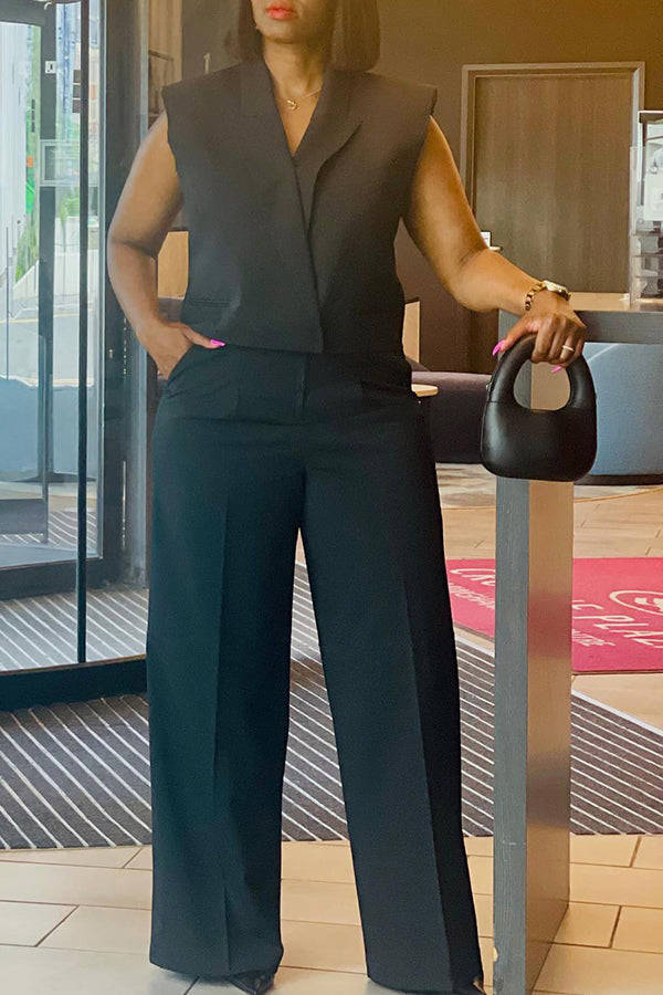 Fashion Trend Solid Color Suit Vest Wide Leg Pants Set