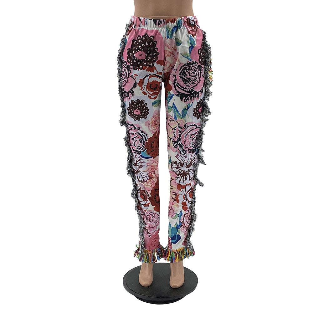 Tassel Patchwork Striped Print Jogger Pant for Women - High Waist Casual Summer Sweat Pants