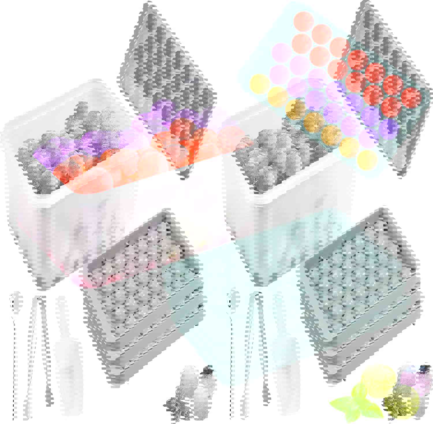 XUDHAH Round Ice Cube Trays with Lid and Bin - 3 Pack Easy-Release Ice Ball Maker Mold with Scoop, Spoon, and Tong