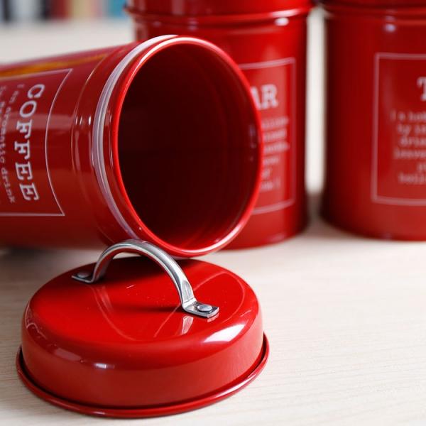 Set of 3 Metal Food Storage Tin Canisters for Coffee, Tea, and Sugar with Lid - Red