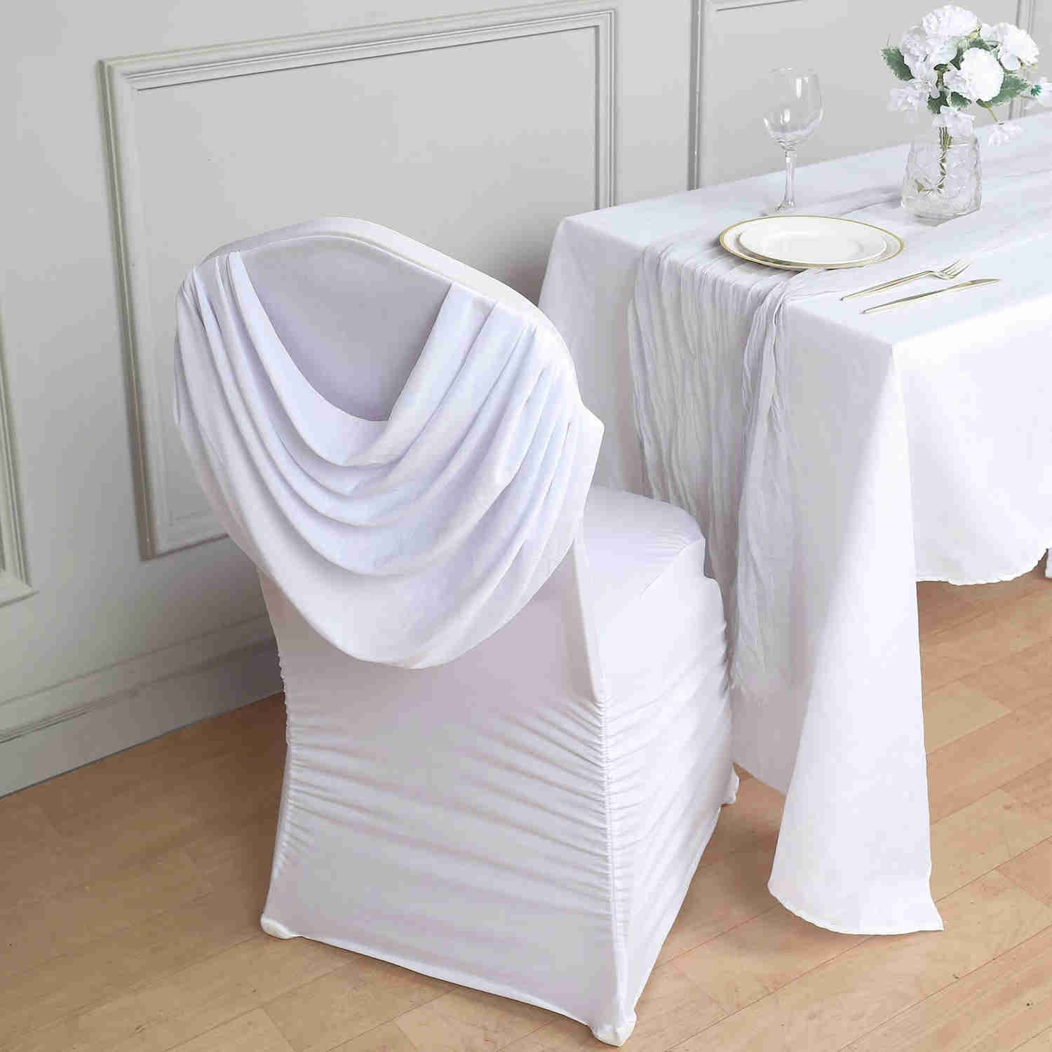 White Ruched Swag Back Spandex Fitted Banquet Chair Cover With Foot Pockets