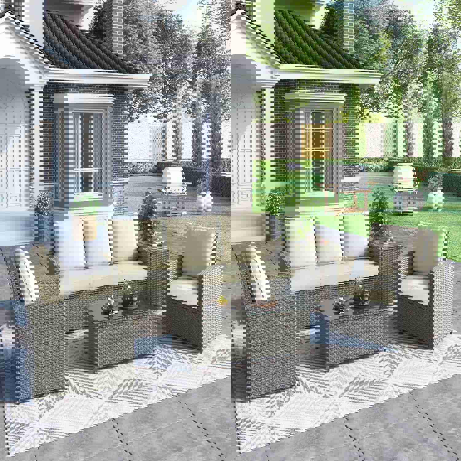 U_Style 5 Piece Rattan Sectional Seating Group with Cushions and Table