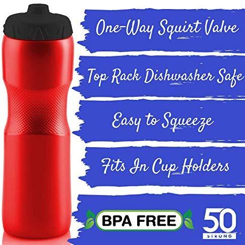 50 Strong Brand Jet Stream Sports Squeeze Water Bottle with One-Way Valve - Team Pack (Set of 6, 28 oz, Leak Proof, Made in USA)