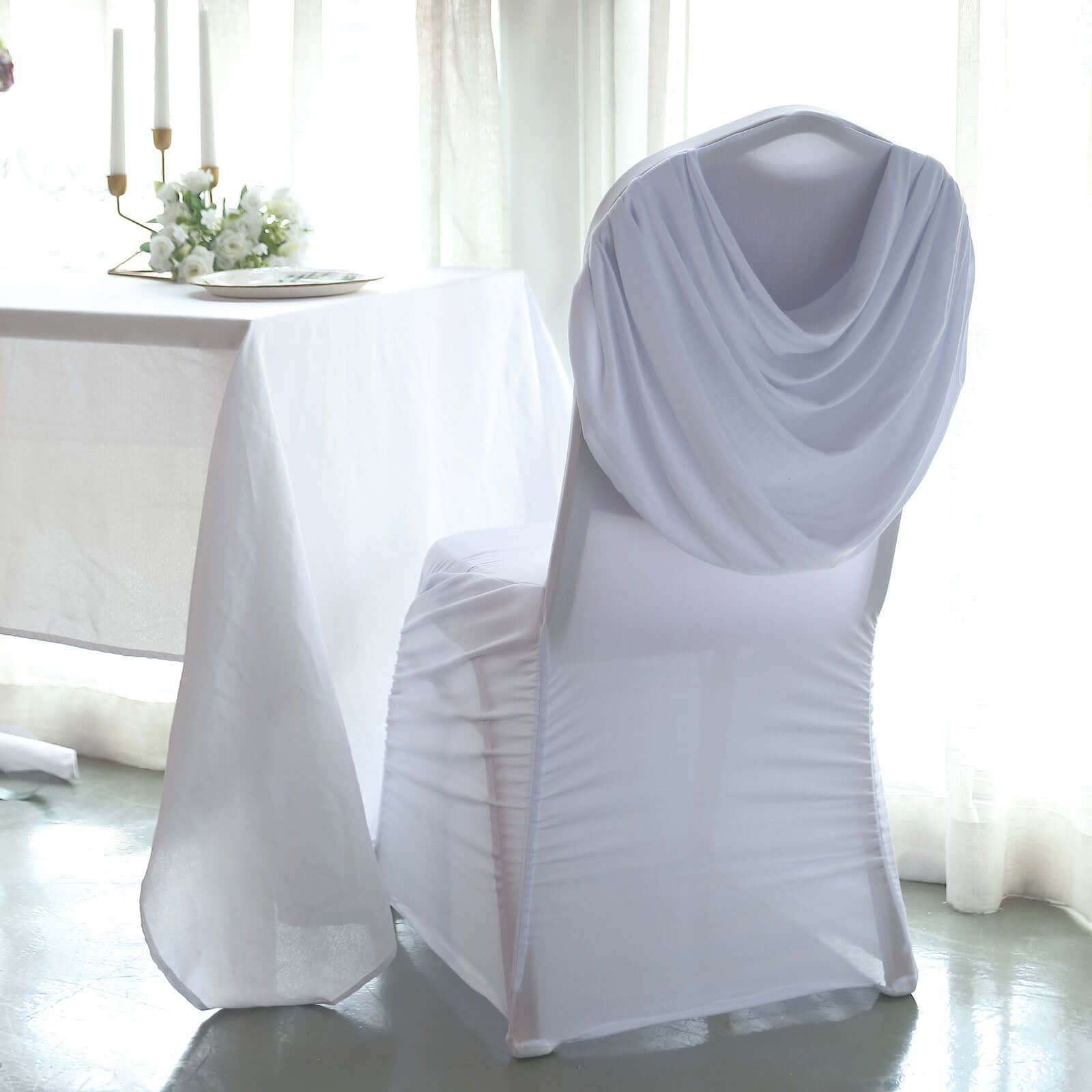 White Ruched Swag Back Spandex Fitted Banquet Chair Cover With Foot Pockets