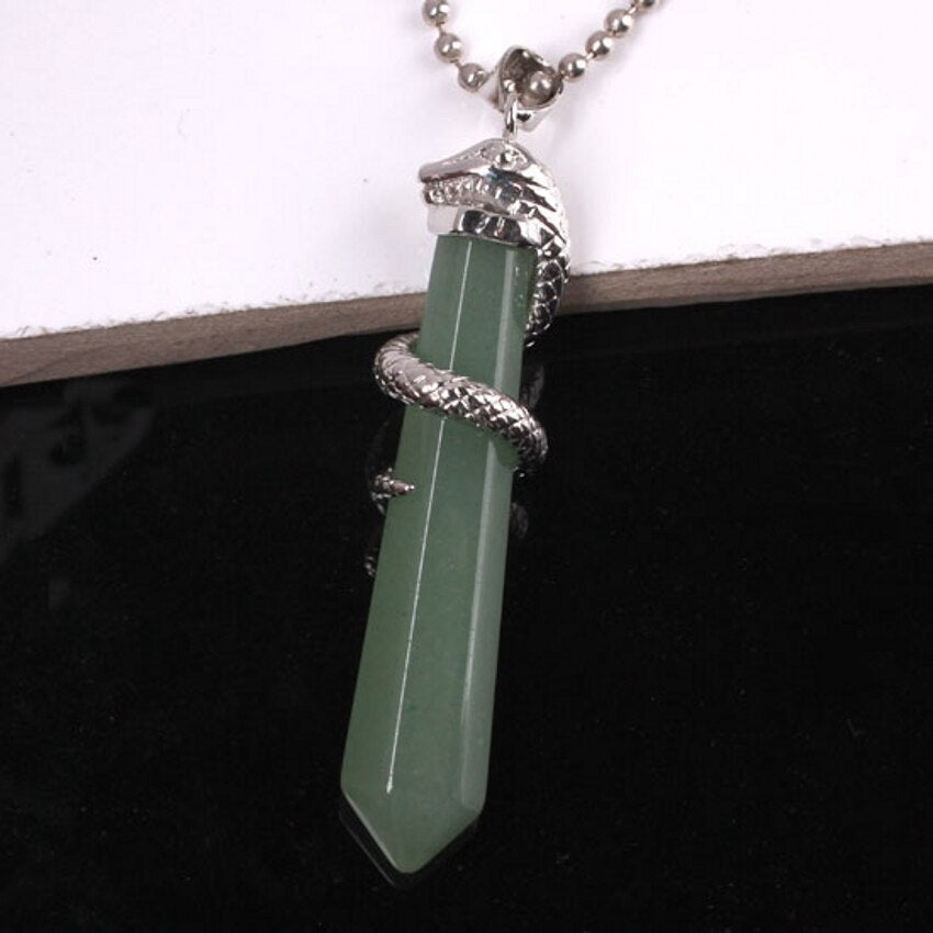 Natural Gnergy Gemstone Silver Plated Amethyst Rose Pink Quartz Opalite Hexagon Prism Snake Pendant Charm Jewelry