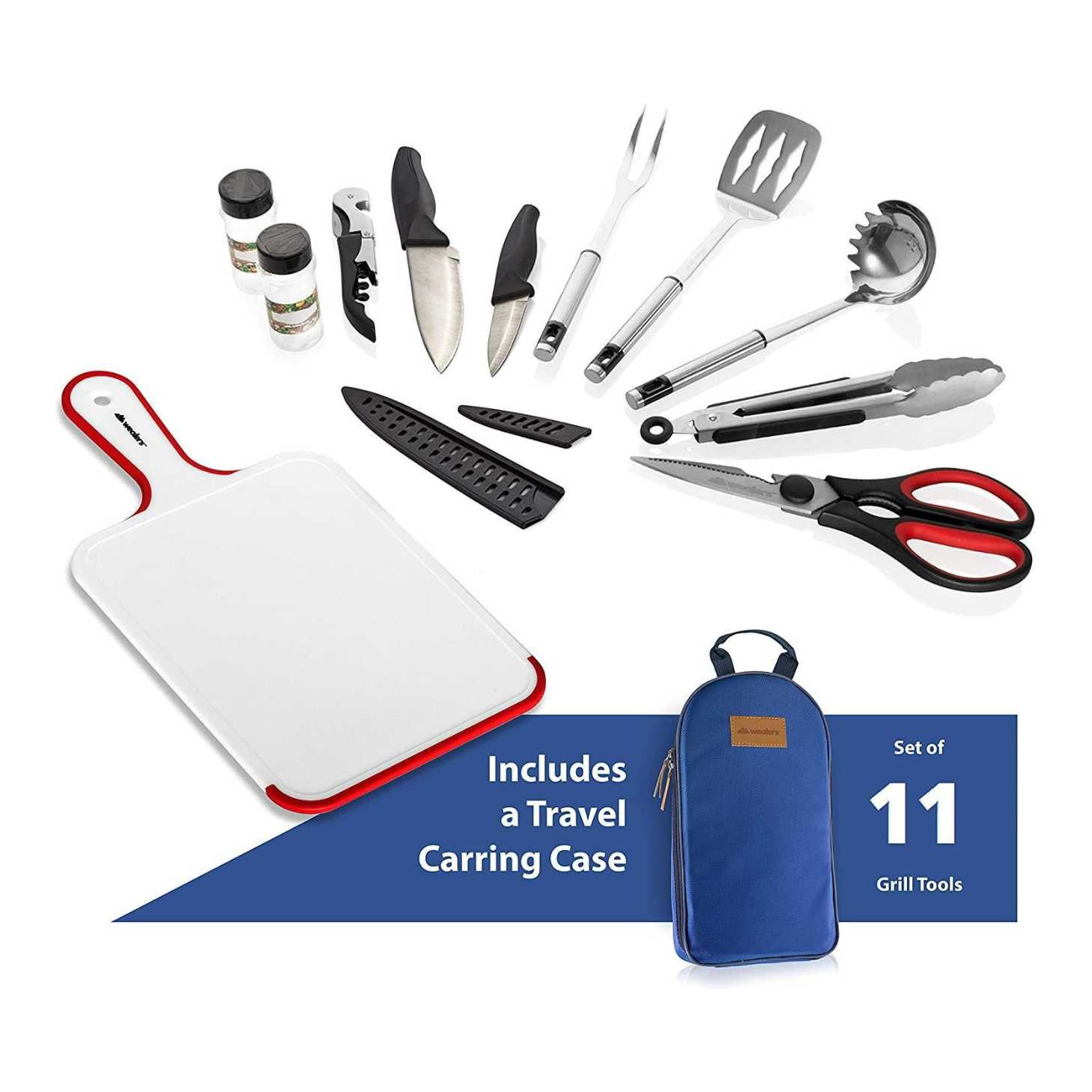 11 Piece Camp Kitchen Cooking Utensil Set - Compact Travel Organizer for BBQ, Camping, Hiking