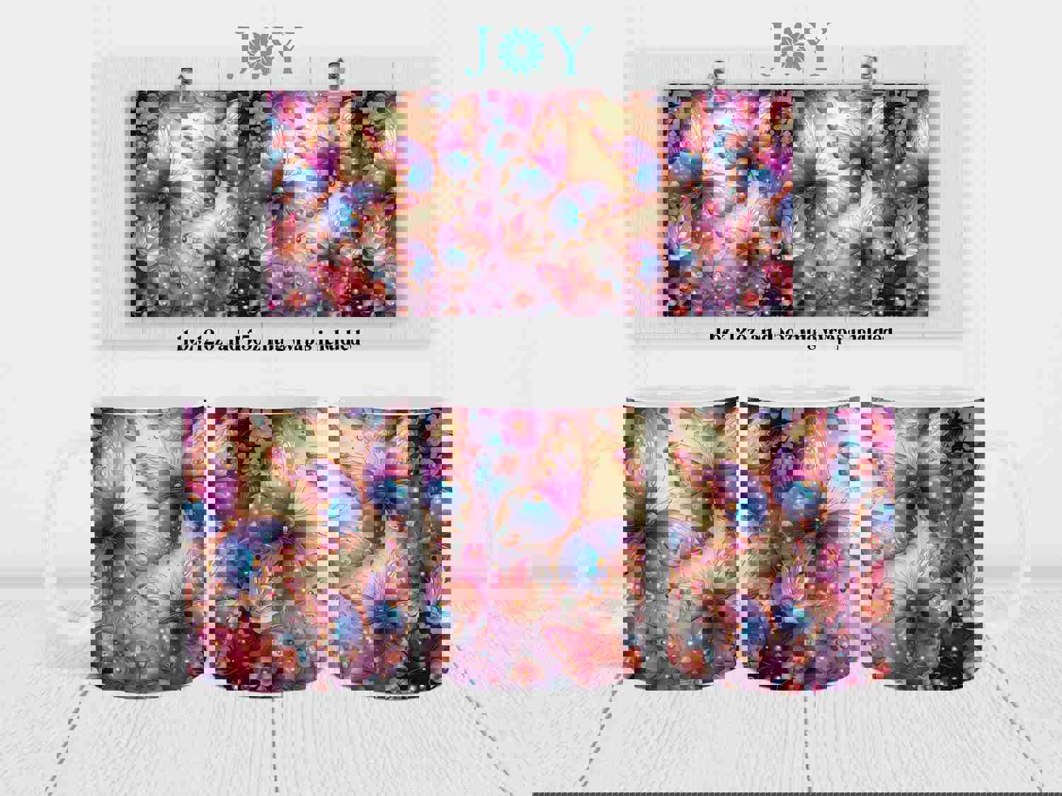 Flowers and Butterflies Mug Wrap Sublimation Design PNG - Instant Digital Download for 11oz, 12oz & 15oz Mugs