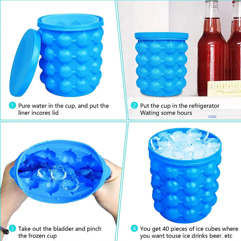 2 in 1 Ice Bucket Mold with Lid - Large Silicone Space Saving Ice Maker for Kitchen, Party, Barware