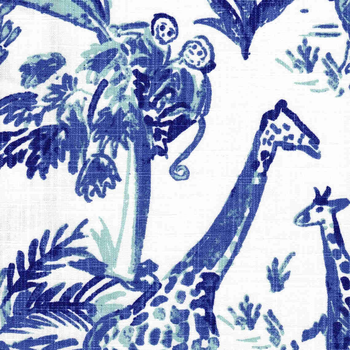 Empress Swag Valance in Meru Commodore Blue, Cancun Blue Safari Animal Toile