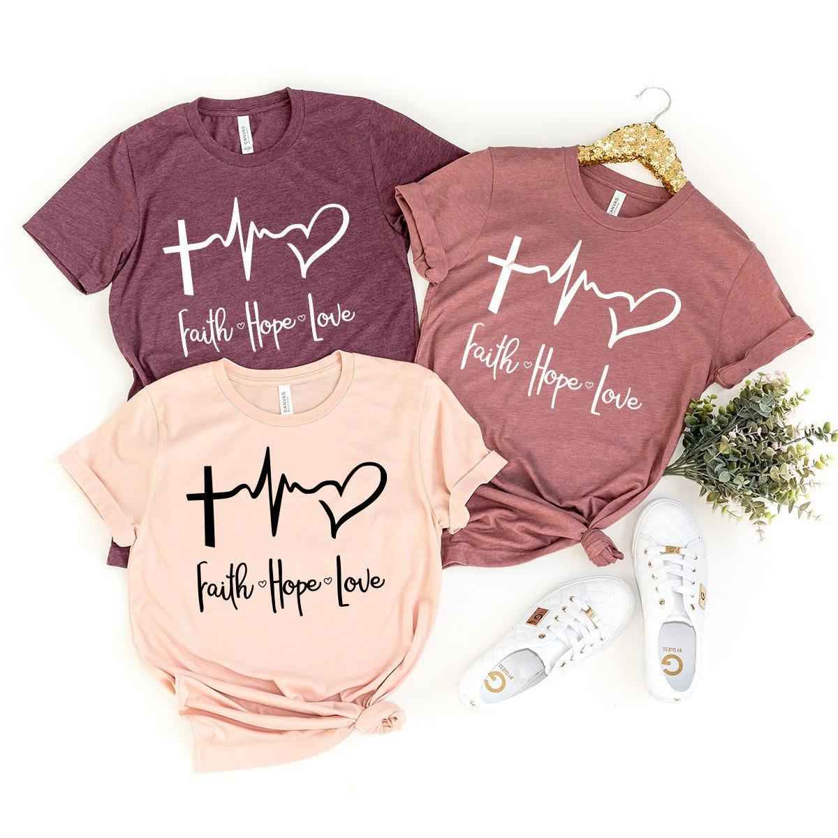 Faith Hope Love T-Shirt - Christian Heartbeat Tee with Cross Design