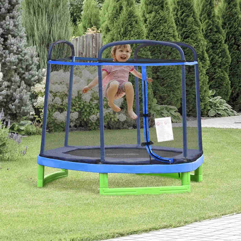 Outsunny 7FT Kids Trampoline with Safety Net Enclosure for Indoor/Outdoor Fun
